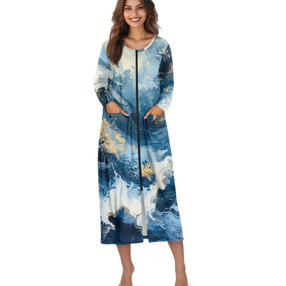 Xoenoiee Blue Marble Print Women's Zipper Robe Long Sleeve Housecoats Full Length House Dress Loungewear Long Nightgown with Pockets, S