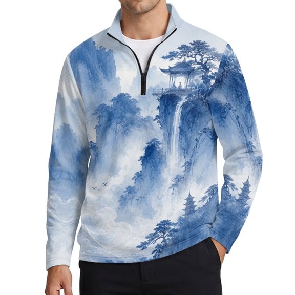 Xoenoiee Blue Mountain Pine Tree Waterfall Pavilion Print Men's Zip Up Golf Polo Shirt Long Sleeve Moisture Wicking Quick Dry UPF 50+ Collared Sports Pullover Casual Business Work Top, S
