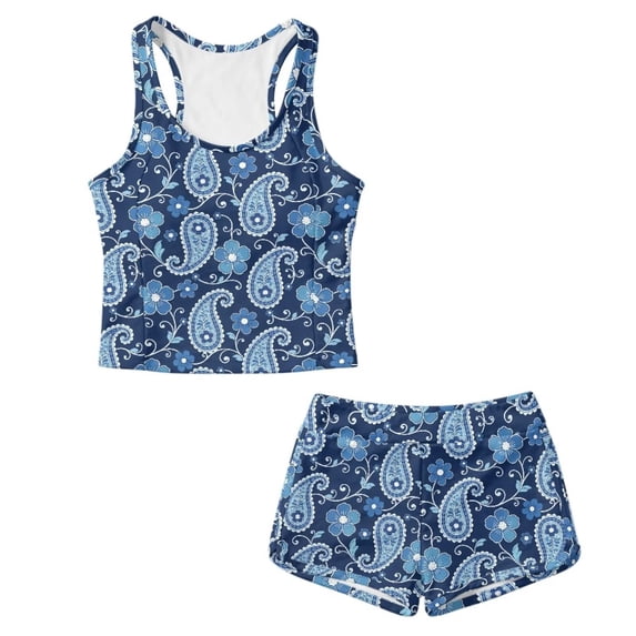 Xoenoiee Blue Paisley Flower Print Girls Tankini Swimsuit with Shorts Tummy Control Two Piece Bathing Suit 2026 Swimwear Skin-friendly Tank Top with Sporty Shorts, Size 14-15 Years