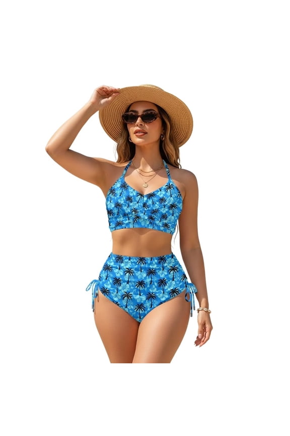 Blue Palm Tree Hibiscus Plumeria Print Women's High Waisted Bikini Sets Tummy Control Bathing Suit Two Piece Swim Suit 2026 Retro Swimsuit Plus Size, Size XS