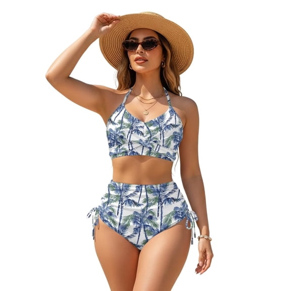 Xoenoiee Blue Palm Tree Print Women's Bikini Set String Brazillian Two Piece Swimsuit V Neck Bikini Bathing Suit with Removable Pad, Size 3XL