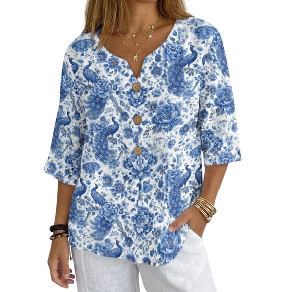 Xoenoiee Blue Peacock Peony Flower Print Button Down Shirts for Women Summer 2026 Cotton Linen V Neck 3/4 Sleeve Tops Loose Vacation Beach Blouses Tunic, Size L