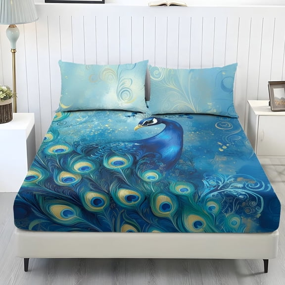 Xoenoiee Blue Peacock Print 3 Pieces Bedding Sheet Set with Deep Pocket Soft Stretchy Bedding Set with Elastic Band Snug Fit Bedsheet, Full Size
