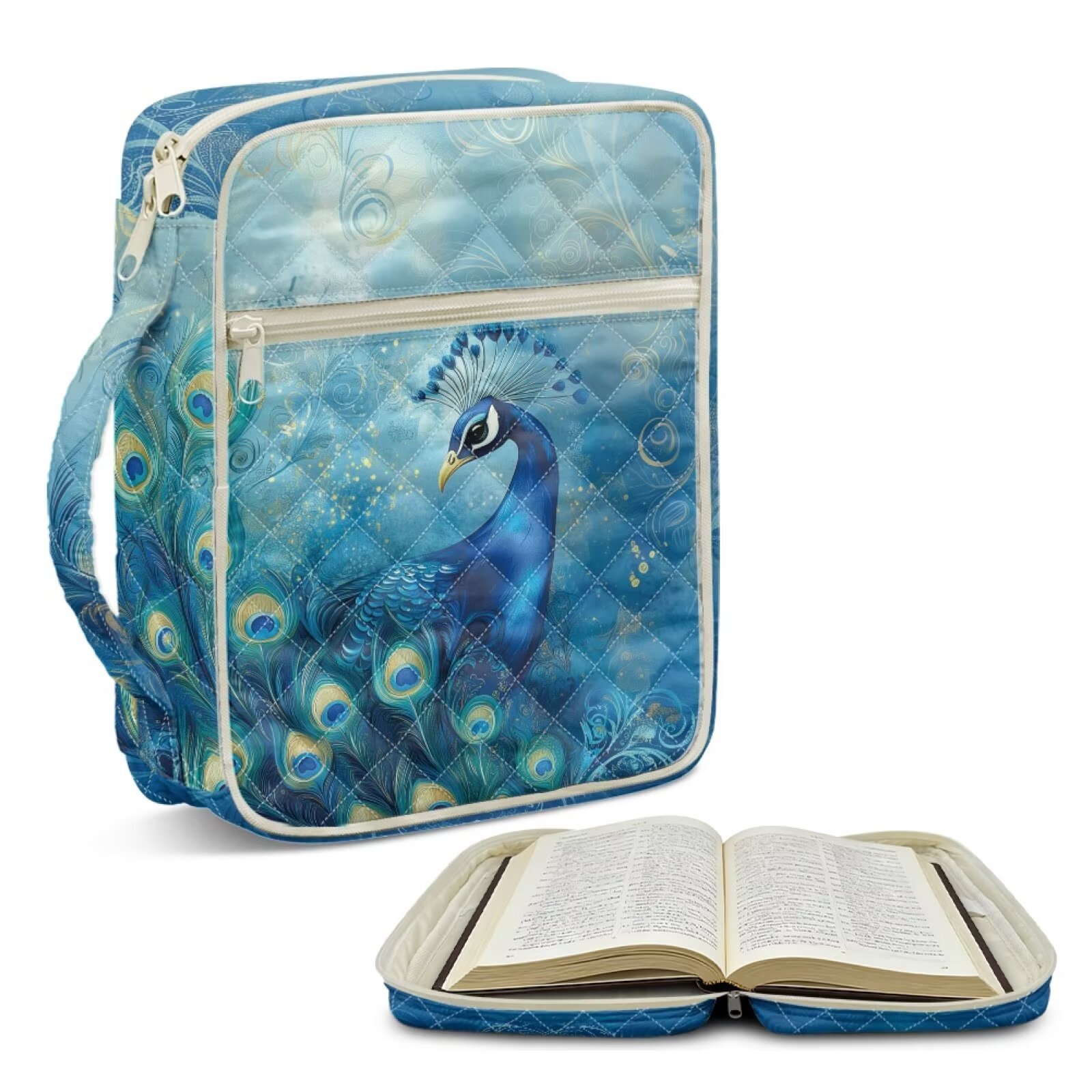 Xoenoiee Blue Peacock Print Bible Cover Quilted Bible Carrying Book ...