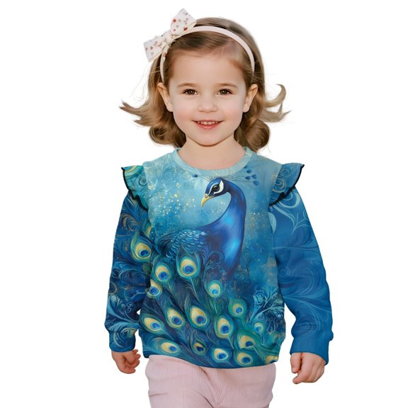 Xoenoiee Blue Peacock Print Crewneck Sweatshirt for Girls Soft Long Sleeve Pullover Stylish Tops Fall Winter Clothes with Ruffles Trim, Size 1-2 Years