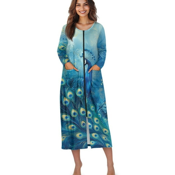 Xoenoiee Blue Peacock Print Womens Zipper Robe, Soft Robes for Women Comfy Long Sleeve Loungewear Nightgown Nightdress with Pockets, L