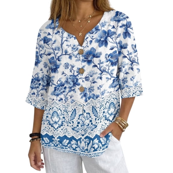 Xoenoiee Blue Peony Flower Print 2026 Tops for Women Three Quarter Sleeve T-Shirts Cotton Linen Comfort Button Down Soft Lightweight Blouse Tees, Size 4XL