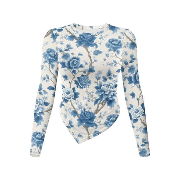 Xoenoiee Blue Peony Flower Print Women's Long Sleeve Shirt Round Neck Asymmetrical Hem Slim-Fit Blouses Casual Top Stretch Tee T-Shirt, L