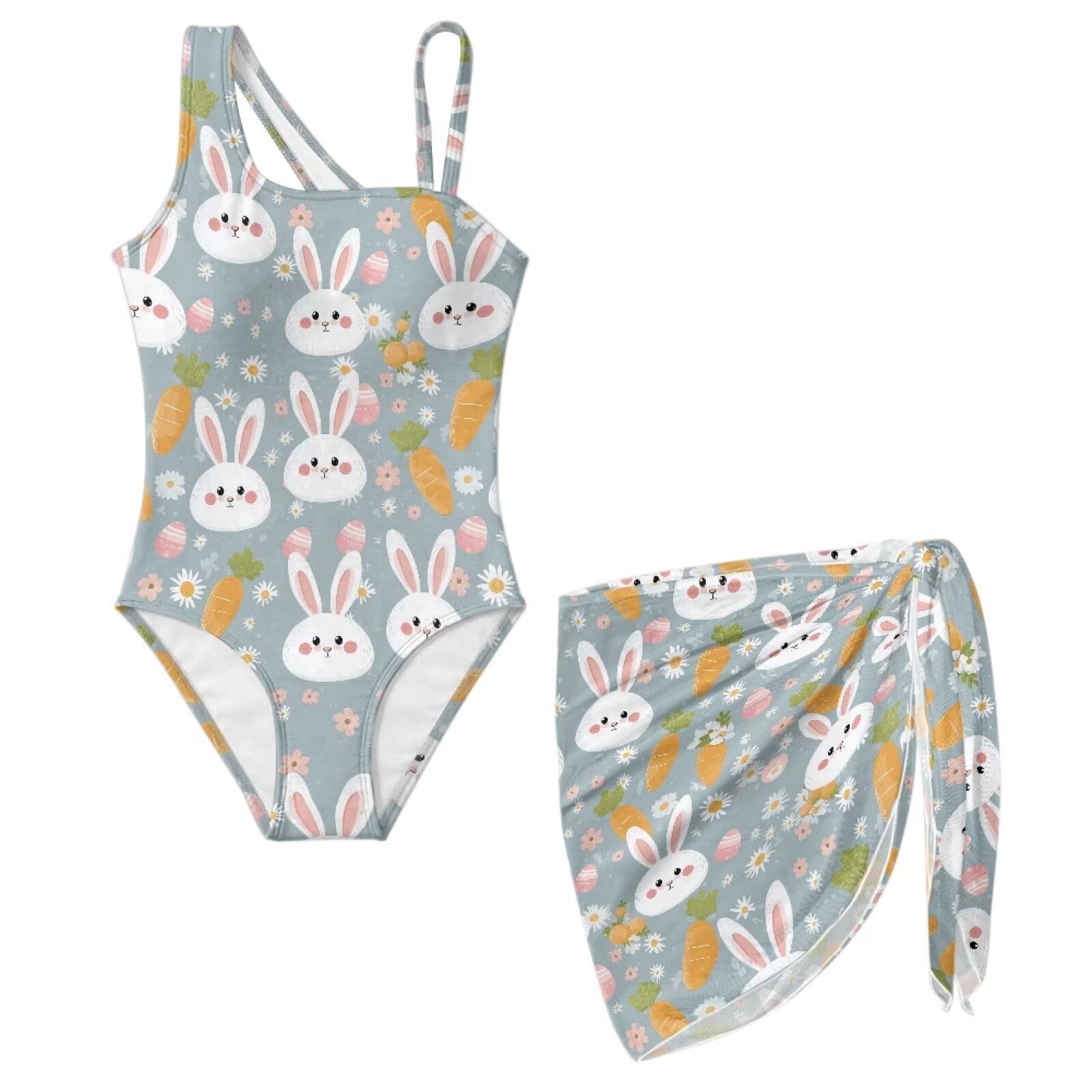 Xoenoiee Blue Rabbit Bunny Egg Carrot Daisy Pattern Girls Swimsuits ...