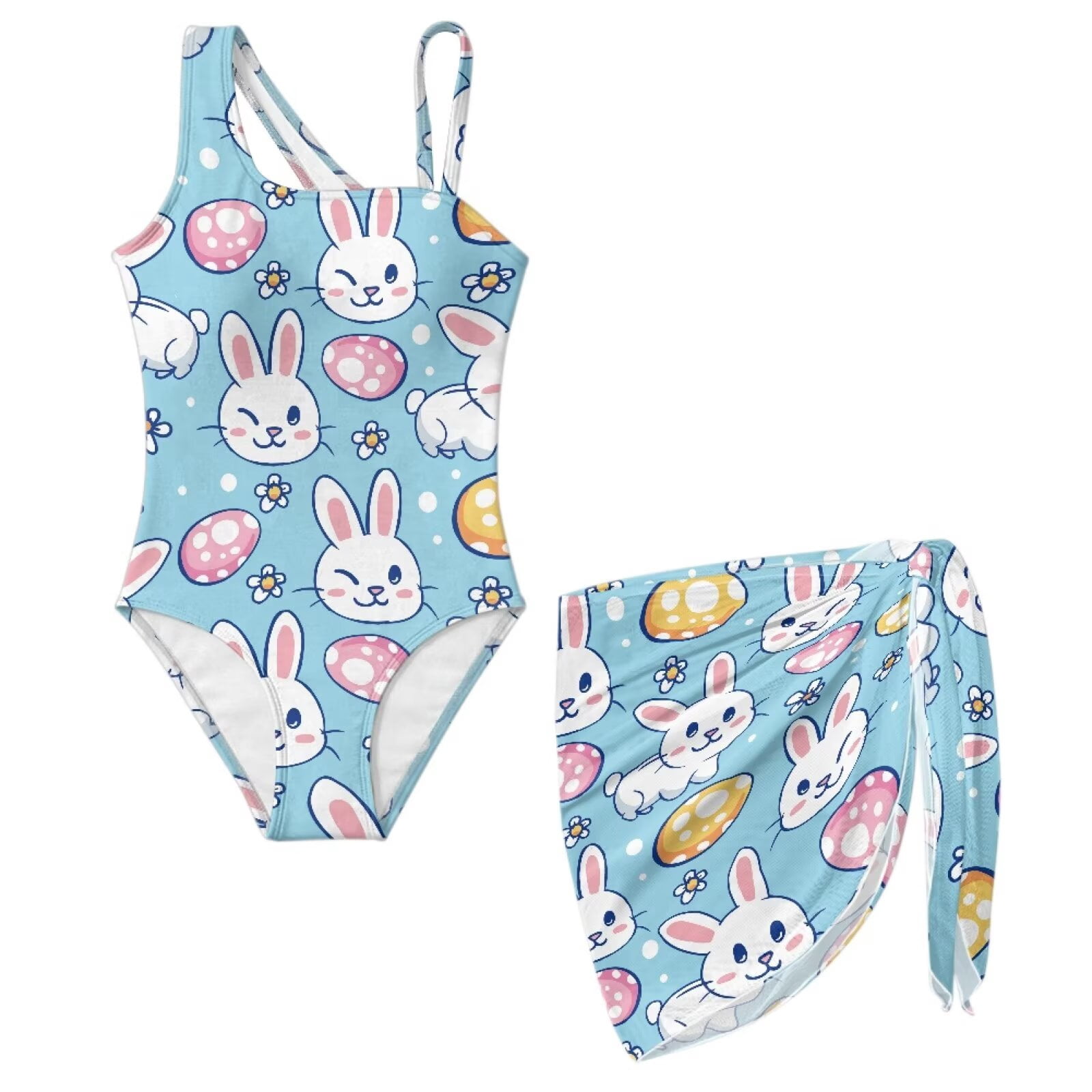 Xoenoiee Blue Rabbit Bunny Egg Floral Print Girls One Piece Swimsuit ...