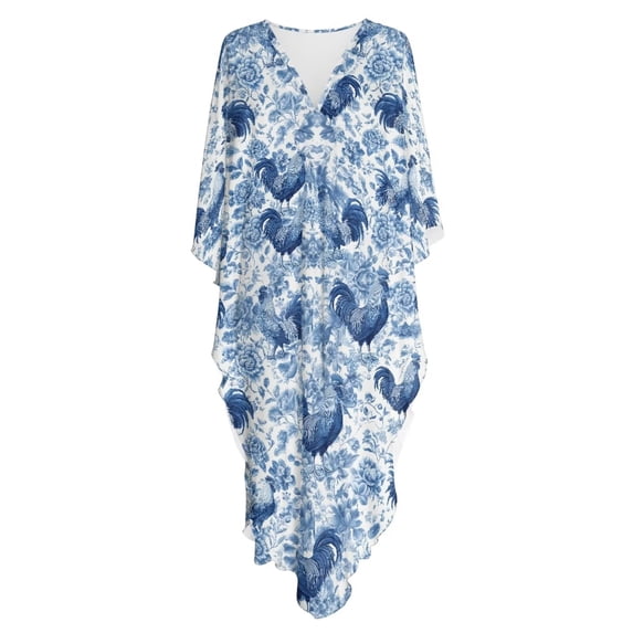 Xoenoiee Blue Rooster Chicken Peony Flower Pattern Kaftan Dresses for Women Plus Size Summer Bathing Suit Cover up V Neck Batwing Dress Loose fit Moroccan Caftan Mumu Dresses