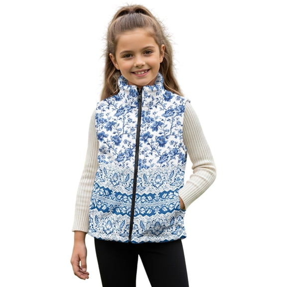 Xoenoiee Blue Rose Floral Print Vest Zip Up Jacket Sleeveless Stand Collar with Pockets Toddler Girls Fleece Vest Fall Winter Warm Outerwear, 4T