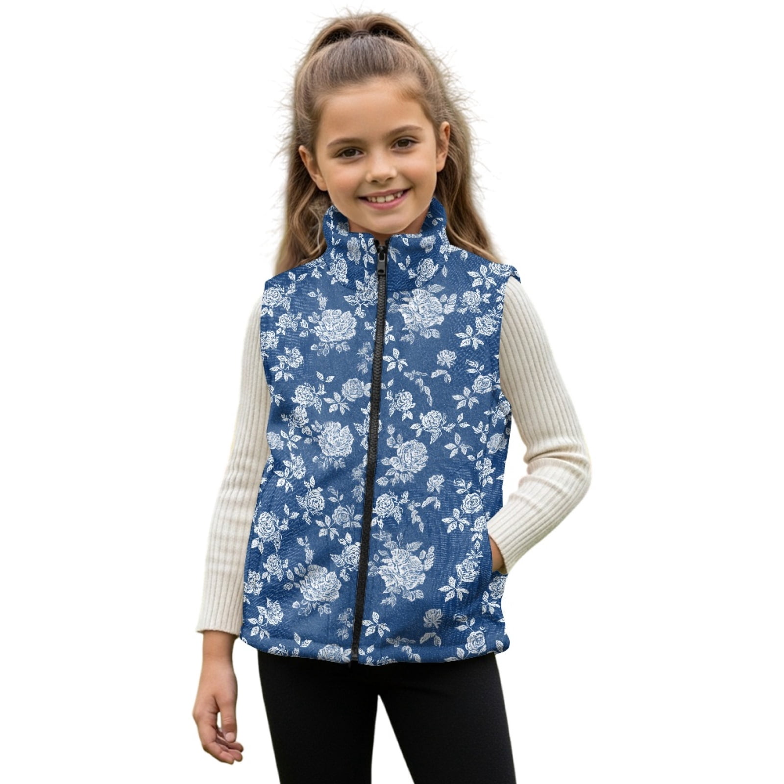 Xoenoiee Blue Rose Flower Print Girls Fleece Vest Sleeveless Outerwear Zipper Jacket Athletic Fall Winter Warm Coat with Pockets, Size 4T