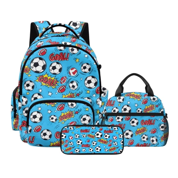 Xoenoiee Blue Soccer Football Star Print 3 in 1 Backpack School Bag Set for Boys Kids School Bookbag with Lunch Bag and Pencil Case Elementary Preschool Primary Knapsack Rucksack