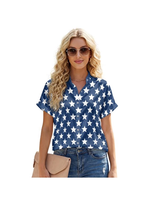 Blue Star Pattern Satin Button Down Shirts for Women Dress Shirt Short Sleeve Collared Dressy Blouse Business Casual Work Tops Summser OutfitsSize, 2XL