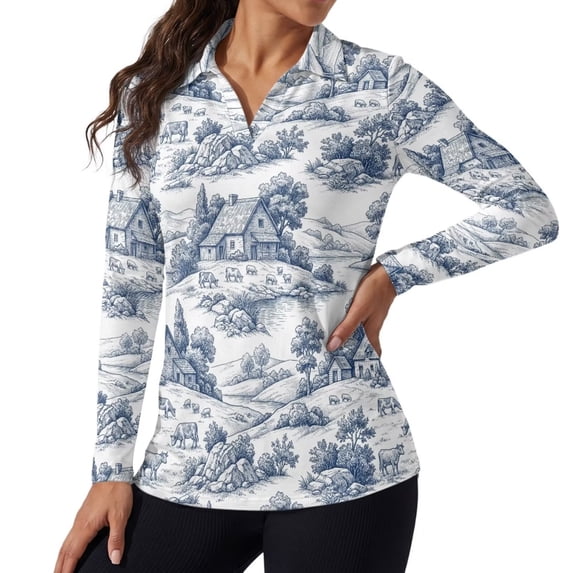Xoenoiee Blue Toile De Jouy Boat House Print Womens Long Sleeve Tops Collared V Neck Polo Shirts Collar Dressy Casual Tee Golf Shirts 2026 Fall Golf Clothes for Work Office Daily, S