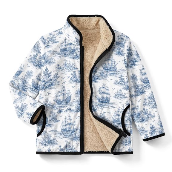Xoenoiee Blue Toile De Jouy Boat Print Sherpa Fleece Zip-Up Jacket for Kids Boys Girls Full-Zip Outerwear with Side Pockets, Stand Collar Lightweight Waterproof Hiking Coat, 4 Years