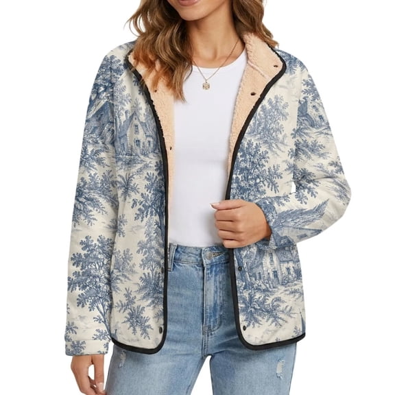Xoenoiee Blue Toile De Jouy Village Scenic Print Women Fleece Jacket Button Down Outerwear Long Sleeve Fall Coats, Cozy Fuzzy Fleece Jacket, Lightweight Warm Clothes Casual Outfits with Pockets, S