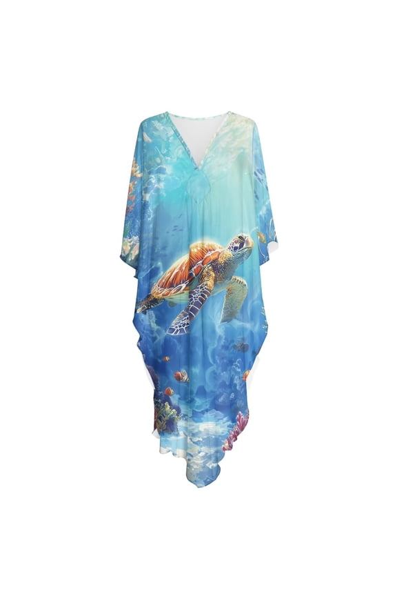 Blue Turtle Fish Coral Pattern Kaftan Dresses for Women Plus Size Flowy Beach Cover Up Batwing Sleeve Caftan Dress Swimsuit Lightweight Maxi Dress Loungewear