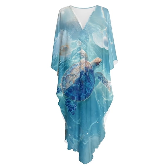 Xoenoiee Blue Turtle Pattern Women's Kaftan Dress V-Neck Beach Cover Up for Swimsuit, Lightweight Mumu Loungewear Skin-Friendly Caftan Maxi Dresses