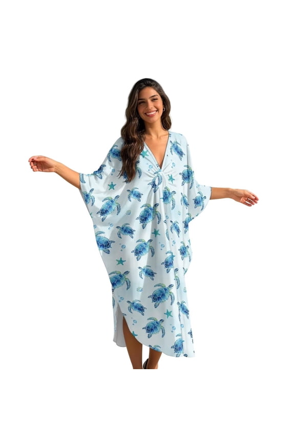 Blue Turtle Starfish Bubble Print Women's V-Neck Batwing Sleeve Kaftan Dress Lightweight Beach Swimwear Oversized Caftan Cover Up for Mumu Tropical Vacation
