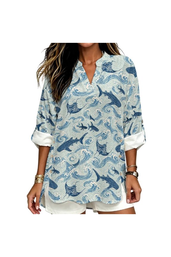 Blue Whale Wave Print Linen Tops for Women Long Sleeve V Neck Henley Shirts 2026 Dressy Casual Blouses Basic Tees Curved Hem Summer Sprint Clothes, Size M