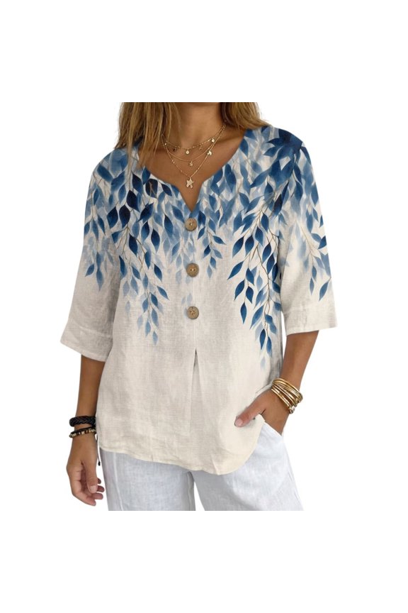 Blue Willow Leaf Print Womens Cotton Linen Button Down Shirts 3/4 Sleeve Casual Loose Fit V Neck Breathable Summer Spring Blouses Top, Size 3XL