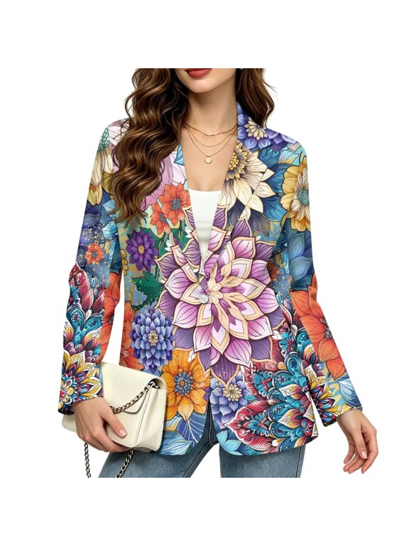 Bohemian Mandala Floral Print Womens Sweater Blazer Business Casual Work Long Sleeve Suit Jackets Cardigan Lapel Collar Button Up Dressy Casual Cardigan Work Office Outfits, L