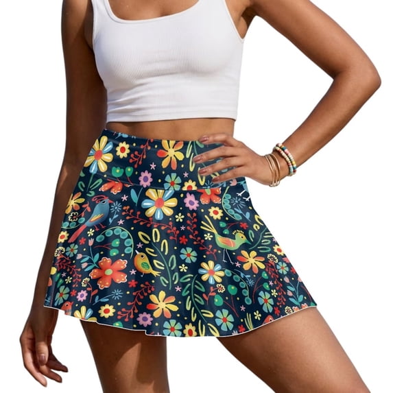 Xoenoiee Boho Flower Bird Print Women's Tennis Skirt Pleated Active Athletic Skort Lightweight Golf Skort for Running Training Sports, Size S