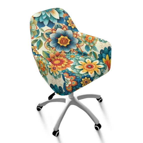 Xoenoiee Boho Flower Pattern Dining Room Chair Cover Velvet Curved Accent Chair Cover Armchair Cover Wingback Chair Protector Office Chair Cover for Kitchen Living Room