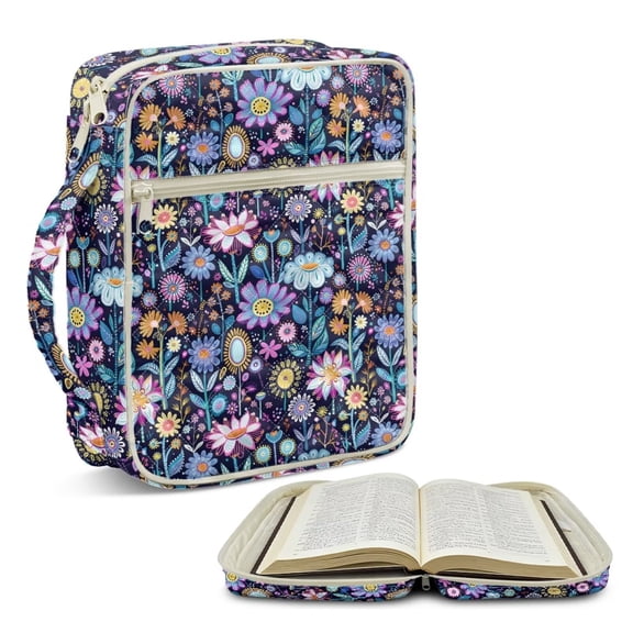 Xoenoiee Boho Flower Print Bible Bag for Women, Large Quilted Bible Cover Case Church Bag with Durable Handle and Extra Pockets, Christian Gift for Ladies