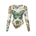 thumbnail image 1 of Xoenoiee Boho Mandala Butterfly Pattern Long Sleeve Shirts for Women 2026 Fashion Going Out Tops Asymmetrical Ruched Outfits Elastic Y2K Clothes, Size S, 1 of 7