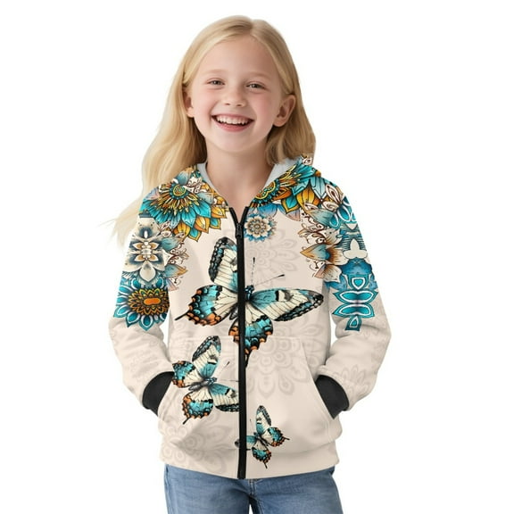Xoenoiee Boho Mandala Butterfly Print Fleece Hoodies for Girls Casual Hooded Sweatshirts Long Sleeve Sweater Full Zip Sweater Workout Sport Hoodie with Pocket Fall Outfits Loose Activewear, XL