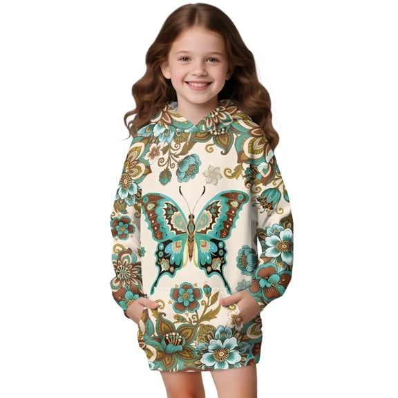 Xoenoiee Boho Mandala Butterfly Print Long Hoodies for Girls Long Sleeve Tunic Dresses for Teens Aesthetic Sweatshirts Crewneck Pullover Tops Fall Outfits Sweater with Kangaroo Pocket, 9-10 Years