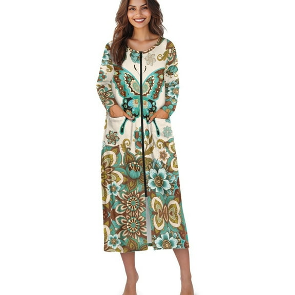 Xoenoiee Boho Mandala Butterfly Print Long Sleeve Nightgowns for Women Long Sleepshirts Zip Up Robe Gowns Sleepwear Full Length Sleep Dress with Pockets, 3XL