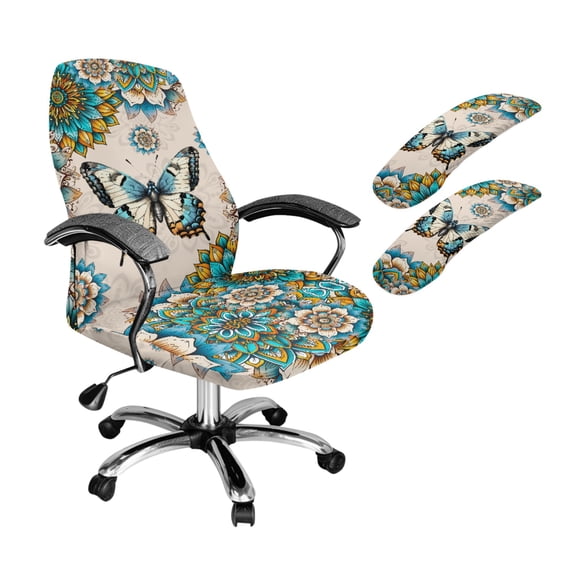 Xoenoiee Boho Mandala Butterfly Print Office Chair Cover with Armrest Covers, Washable Rolling Desk Chair Cover Stretch Computer Chair Slipcovers for Swivel Chairs, Armchair, Boss Chairs, S