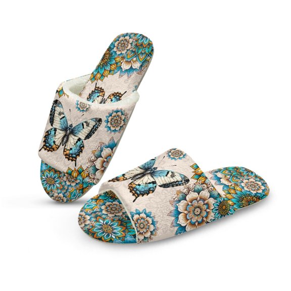 Xoenoiee Boho Mandala Butterfly Print Women's Open Toe Slippers Indoor Warm Fuzzy Soft Anti-Slip House Shoes Flannel Bedroom Slippers, Machine Washable, 7.5-8.5 Women/6.5-7.5 Men