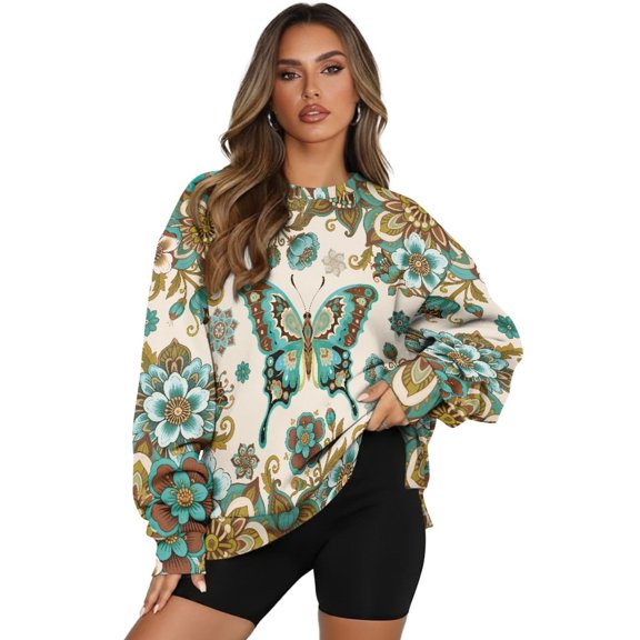 Xoenoiee Boho Mandala Butterfly Print Womens Oversized Sweatshirts Crew Neck Pullover Long Sleeve Shirts Casual Loose Slit 2025 Fall Outfits Y2K Women Clothes, Size 3XL