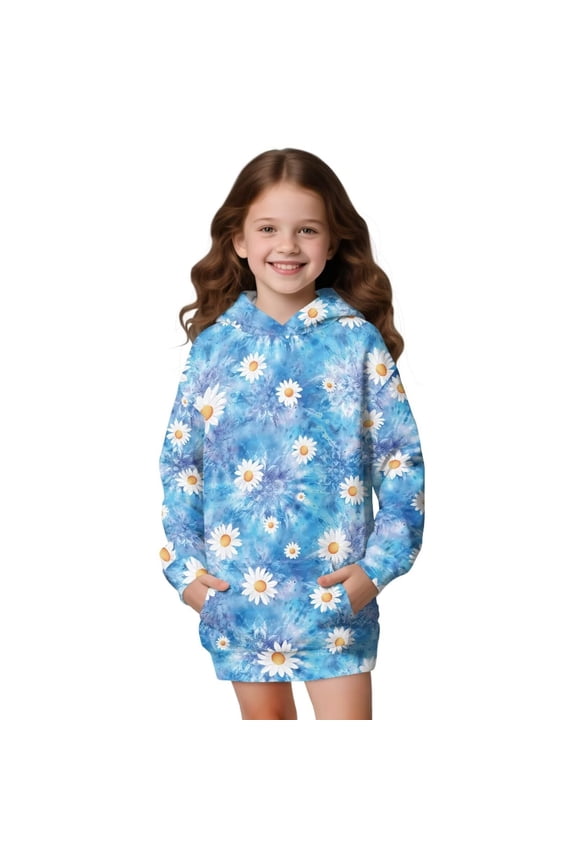 Boho Mandala Daisy Flower Print Girls Long Hoodies Dress Hooded Sweatshirt Graphic Pullover Long Hoodies Long Sleeve Shirt Fall Clothes Aesthetic Sweater Shirt Outfits, 11-12 Years
