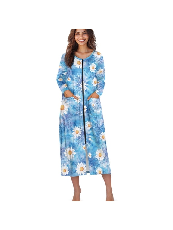 Boho Mandala Daisy Flower Print Zip Up Robes for Women Long Bathrobe Lightweight Full Length Housecoat with Pockets Stretchy Nightgown Nightdress, 4XL