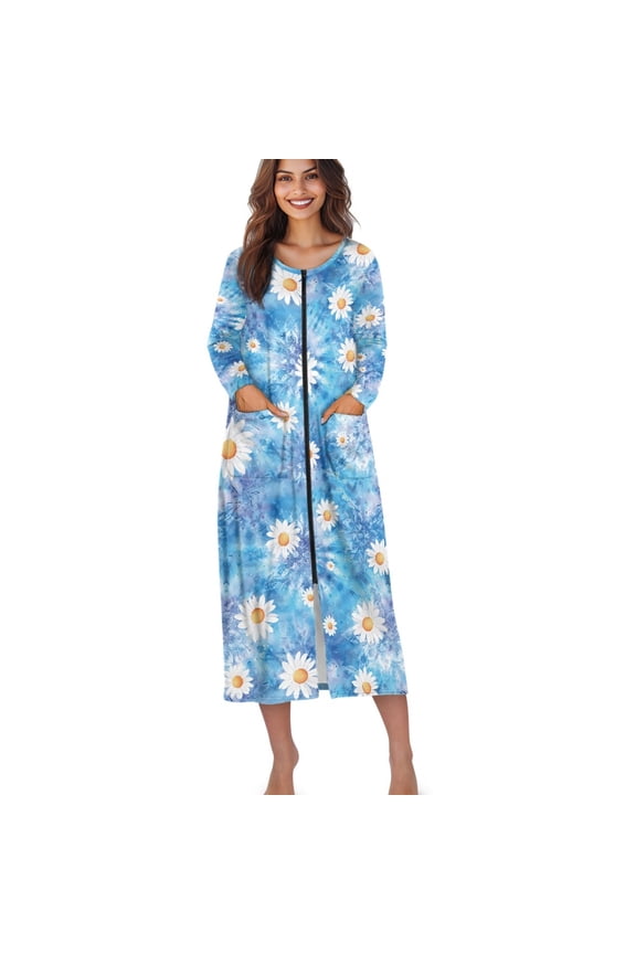 Boho Mandala Daisy Flower Print Zip Up Robes for Women Long Bathrobe Lightweight Full Length Housecoat with Pockets Stretchy Nightgown Nightdress, XL