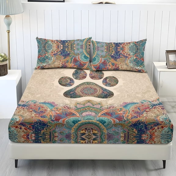 Xoenoiee Boho Mandala Dog Paw Print Sheet Set Bed Sheets Soft Microfiber Deep Pocket Wrinkle Free Bedding Sheets with Pillowcases, Machine Washable, King Size