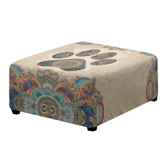 Xoenoiee Boho Mandala Dog Paw Print Stretch Ottoman Covers, Velvet Ottoman Slipcover Square Storage Stool Cover Footstool Slipcover for Living Room Furniture Protector, S