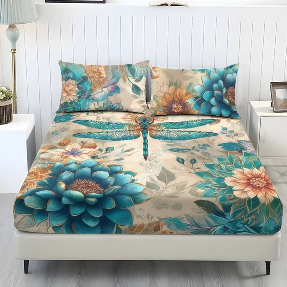Xoenoiee Boho Mandala Dragonfly Pattern 3-Piece Fitted Sheet Set, Bed Sheet with 2 Pillowcases, Wrinkle-Free Microfiber Bedding Set with Elastic Band, Twin XL Size