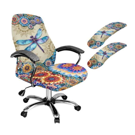 Xoenoiee Boho Mandala Dragonfly Pattern Office Chair Cover with Armrest Covers, Washable Rolling Desk Chair Cover Stretch Computer Chair Slipcovers for Swivel Chairs, Armchair, Boss Chairs, Small