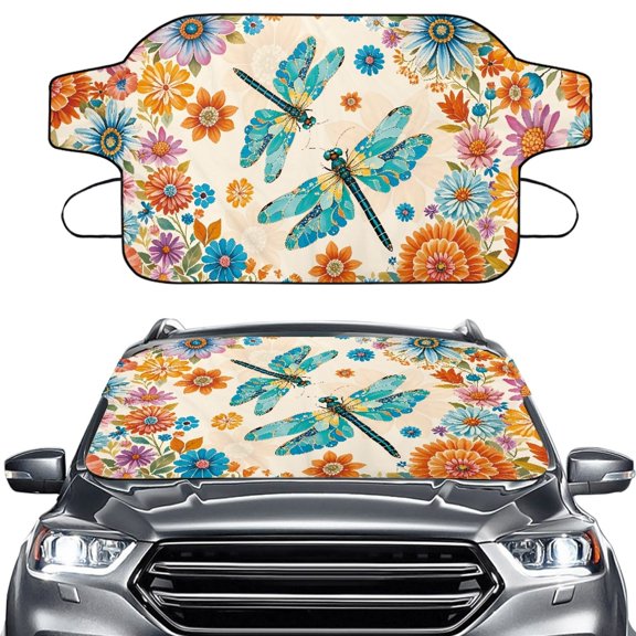 Xoenoiee Boho Mandala Dragonfly Print Car Windshield Cover for Ice and Snow, Snow Cover with Elastic Strap, Waterproof Frost Cover for Cars SUVs Trucks, Windproof Winter Car Accessories