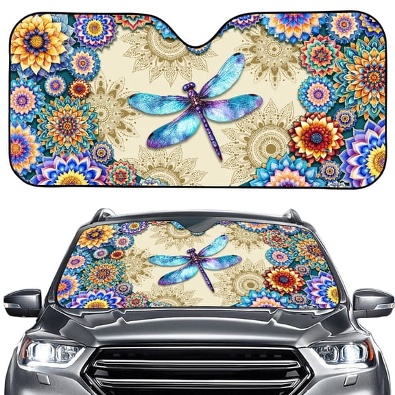 Xoenoiee Boho Mandala Dragonfly Print Car Windshield Sun Shade Auto Front Window Covers Sun Visor Protector Foldable Blocks UV Rays Sunshade Shield for Car Accessories