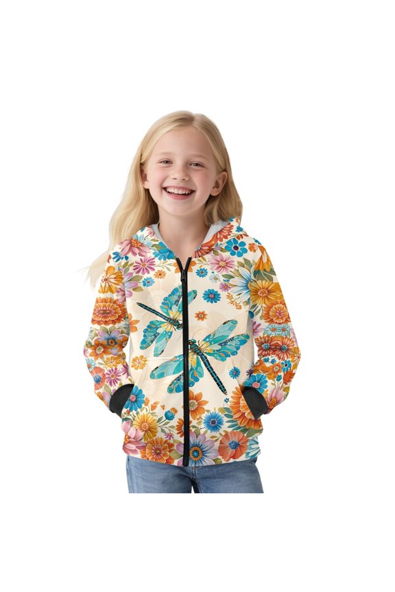 Boho Mandala Dragonfly Print Zip Up Hoodies Pullover Sweatshirt for Girls Juniors Kids Loose Sweater with Pocket Long Sleeve Hooded Jacket Sports Shirt Plus Size, 14-16 Years