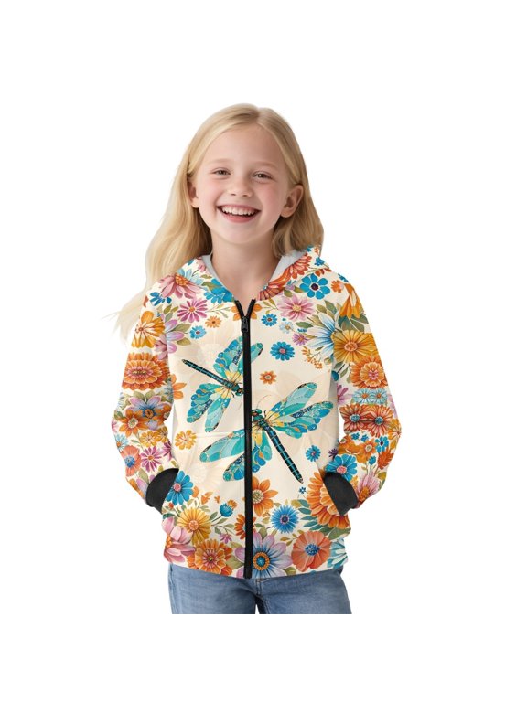 Boho Mandala Dragonfly Print Zip Up Hoodies Pullover Sweatshirt for Girls Juniors Kids Loose Sweater with Pocket Long Sleeve Hooded Jacket Sports Shirt Plus Size, 6-7 Years