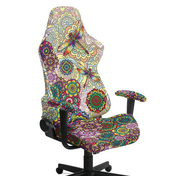 Xoenoiee Boho Mandala Dragonfly Stained Glass Pattern Gaming Chair Cover Cat Scratch Proof Gaming Chair Slipcover with Armrest, Stretchable Waterproof Office Desk & Racing Chair Cover, Universal Fit